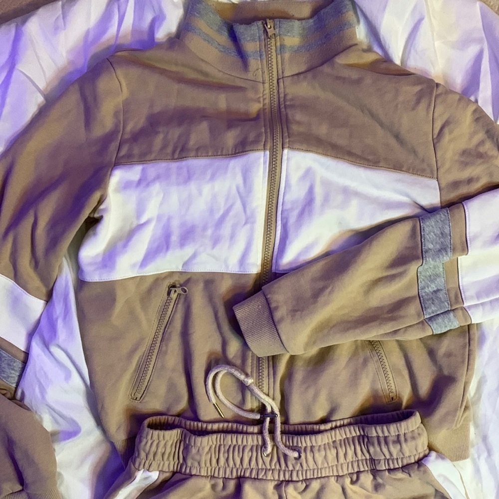 Tan and grey and white jumpsuit